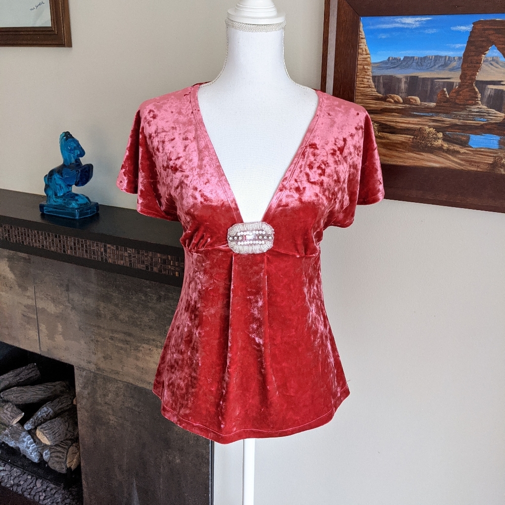 Y2K Beaded Detail Low V-Neck Red Velvet Top Women's Small Peplum 103